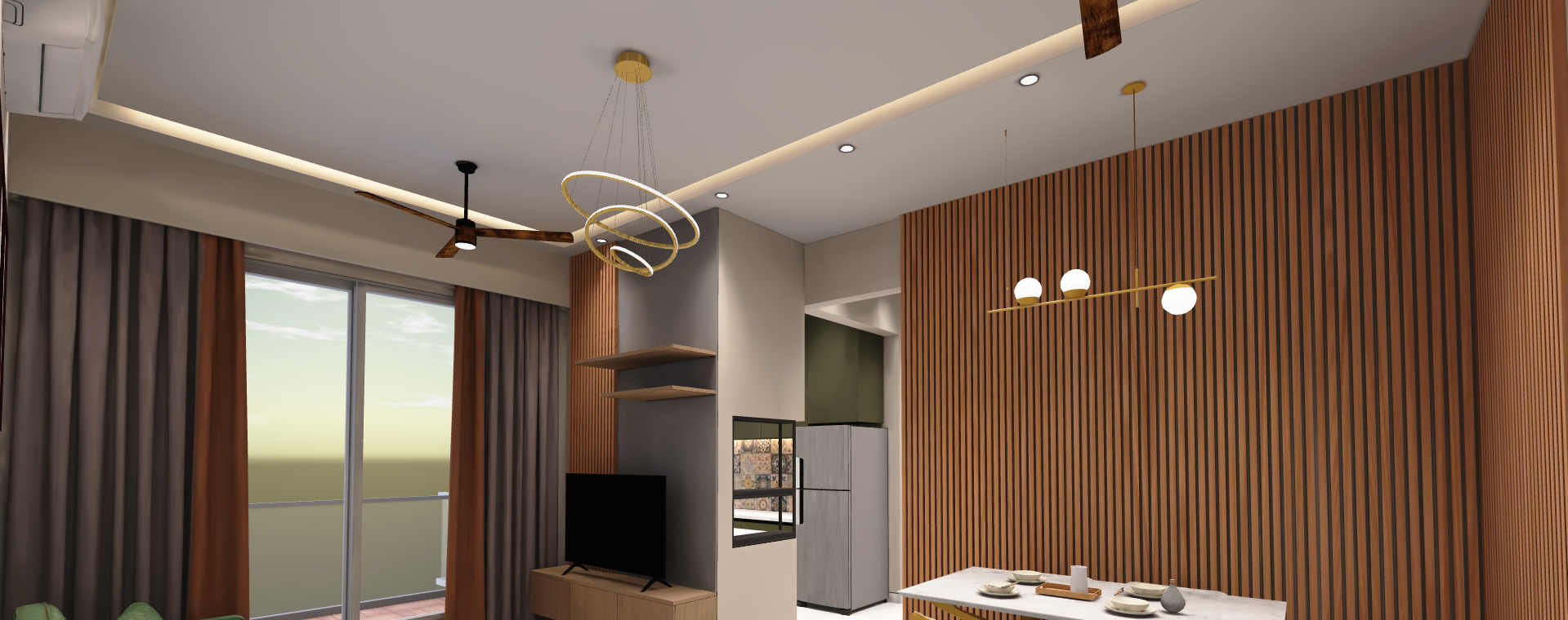 Living and dining area rendered in a Web3D walkthrough